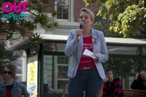 Sen Louise Pratt speaking at the Equal Love Rally in Stirling Gardens last month.