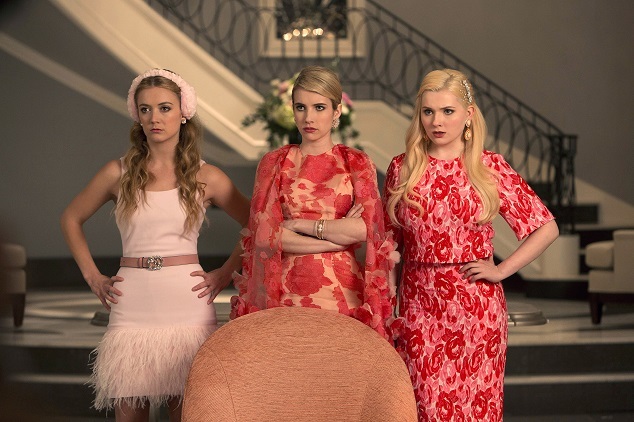 SCREAM QUEENS: Pictured L-R: Billie Lourd as Chanel #3, Emma Roberts as Chanel Oberlin and Abigail Breslin as Chanel #5 in "Pilot," the first part of the special, two-hour series premiere of SCREAM QUEENS airing Tuesday, Sept. 22 (8:00-10:00 PM ET/PT) on FOX. ©2015 Fox Broadcasting Co. Cr: Steve Dietl/FOX.