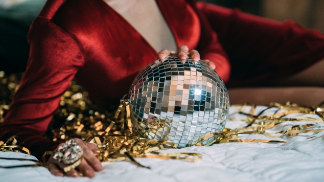 red dress disco ball 